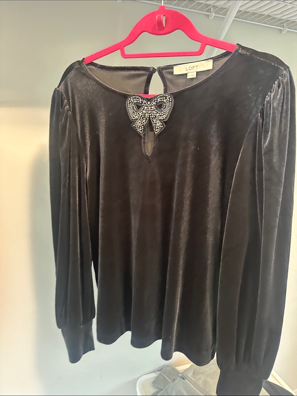 LOFT Black Velvet Bow-Embellished Long Sleeve Blouse